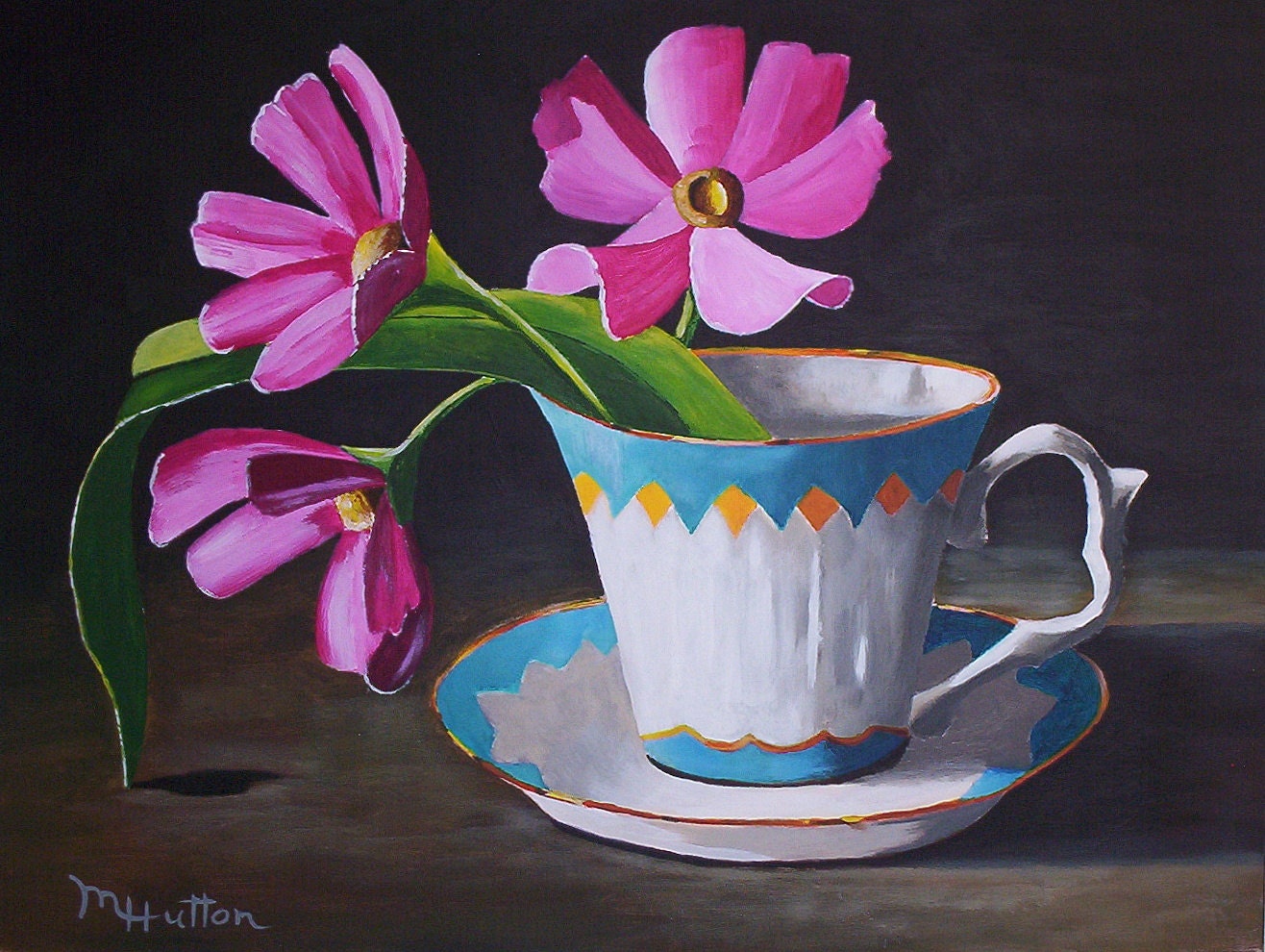 One Tea Cup With Flowers Still Life Painting Acrylic