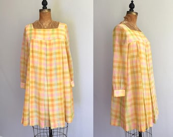 Vintage 1960s Mini Dress / REDUCED 60s Tent Mini Dolly Bright Pastel Sherbet Yellow Plaid Brady Mad Men Pleated Tent Dress - Small