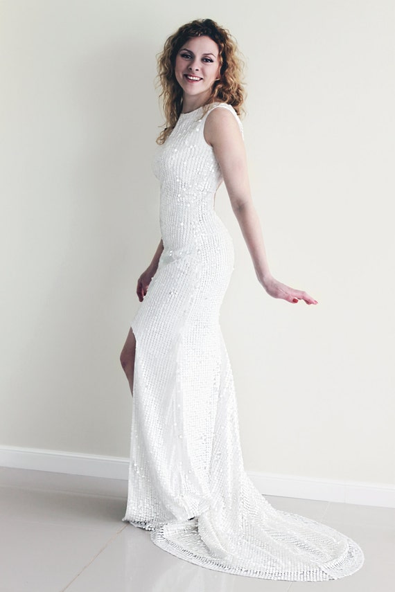 Sequin Wedding Dress White Sequin Dress High-Low Hem Wedding