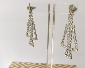 Stunning Vintage Silver Rhinestone Dangle Pierced 70's Earrings