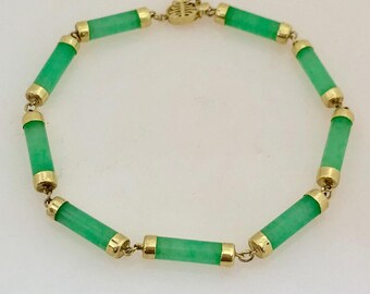 14K Yellow Gold Green Jade Link Bracelet 7.5"