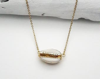 Cowrie real sea shell necklace white and gold 24k plated edges with gold stainless steel chain hypoallergenic