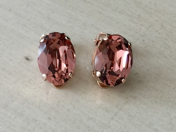 Oval Blush Rose Swarovski Crystal Clip On Earrings, Rose Gold