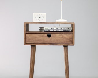 Mid Century Nightstand with Drawer in solid Walnut wood
