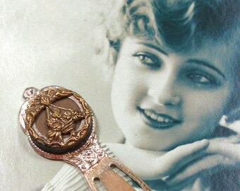 Flower basket, antique BUTTON bookmark, Victorian plants on silver. Unique present, gift, stocking stuffer.