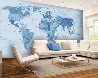 world map in blue wall mural wallpaper wall dcor nursery and room