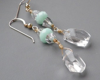 Rock Crystal Pastel Mint Gold Earrings