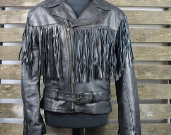 Vintage 1980's Black (Womens/Mens) Fringe Leather Jacket / Motorcycle Jacket