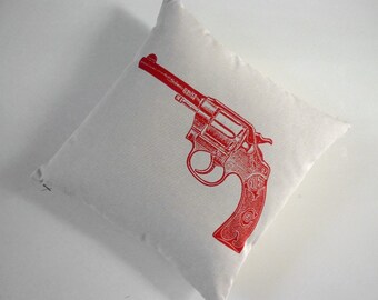 Vintage Colt Revolver silk screened cotton canvas throw pillow 18 inch red