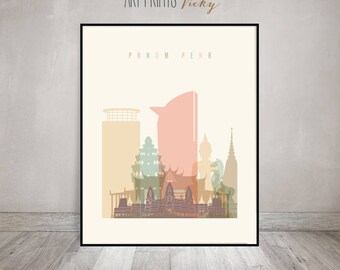 Phnom Penh print, Poster, Wall art, Cambodia cityscape, Phnom Penh skyline, Travel poster, Typography art, Travel decor, ArtPrintsVicky