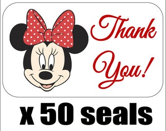 50 Minnie Mouse Thank You Envelope Seals / Labels / Stickers, 1" by 1.5"
