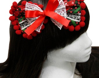 Vintage Christmas Cottage Style Red Cherries Hair Bow