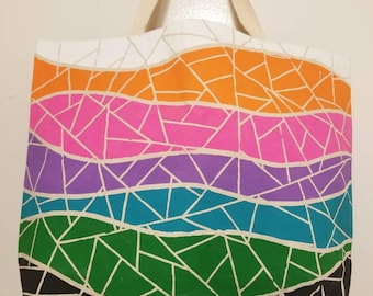 Hand painted tote - Mosaic Wavy stripes