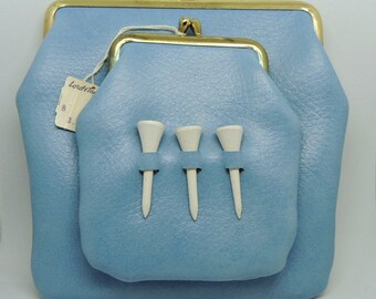 NOS Vintage 70er Jahre Lord & Taylor Himmel blau Neuheit drei Golf Tee Geld Gürtelschnalle Münze Geldbeutel zwei Tasche Geldbörse Gürteltasche