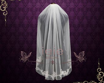 Short Fingertip Lace Wedding Veil with Floral Edge | VG2014