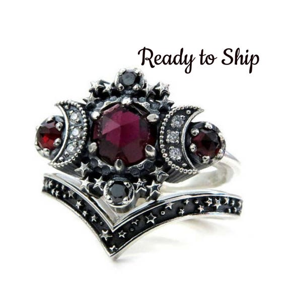 Ready to Ship Size 6 - 8 - Garnet Cosmos Moon Engagement Ring Set Triple Moon Goddess Silver Ring with Stardust Chevron Wedding Band