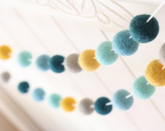 Boy Nursery Decor- Felt Ball Garland- Boy's Room Decor- Garland- Wool Pom Pom Garland- Wool felt ball garland- Party Decor- Aqua Mint Yellow