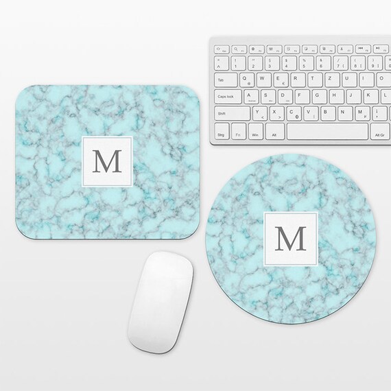 Aqua Blue Marble Monogram Mouse Pad Custom Mousepad Personalized Letter Initial Mouse Mat Round Circle Rectangular Unique Monogram Mousepad