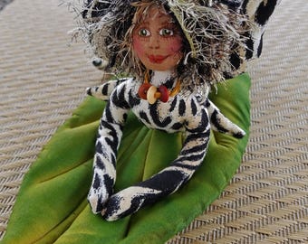 ON SALE: OOAK, Whimsical fiber sculpted jungle cat fairy on handpainted silk leaf
