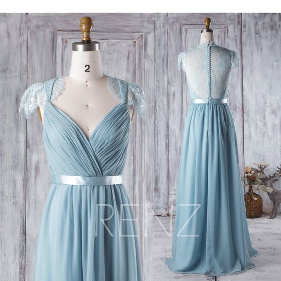  Dusty  Blue  Bridesmaid  Dress  V Neck Wedding  Dress  Lace Back