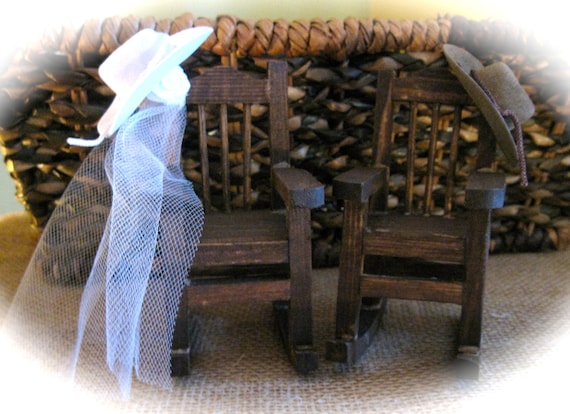 Country Western Mini Rocking Chair Cake Topper with Cowboy Hats and Veil