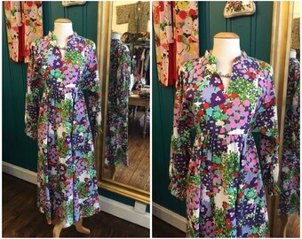 1970s Cotton Floral Maxi Dress Sleeves B36" Small UK10