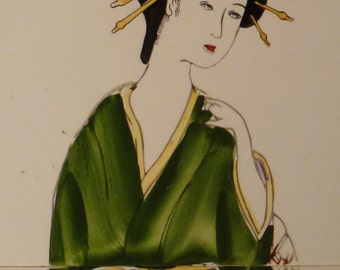 ART TILE GEISHA 1940s vintage handepainted framed three parts Signed app 14x5 in