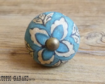 1.5" Antique Aqua Blue and Cream Ceramic Knob - Floral Drawer Pull - Shabby Chic Rustic Home Decor