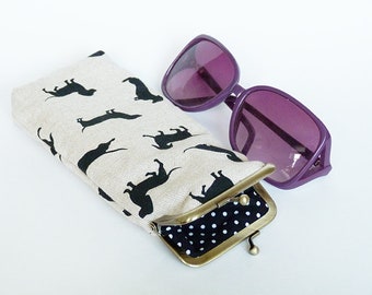 Glasses case, sausage dog fabric, black and beige cotton dachshund design, cotton case