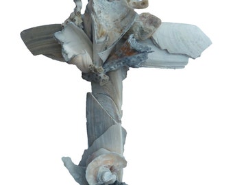 Cross sculptured from seashells found on the beach, shells found by artist, as beautiful as real china, religious wall decor, unique Cross