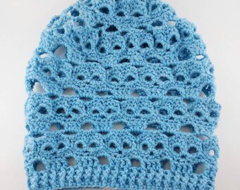 Sky Blue Crocheted Skulls Slouchy Beanie - READY TO SHIP