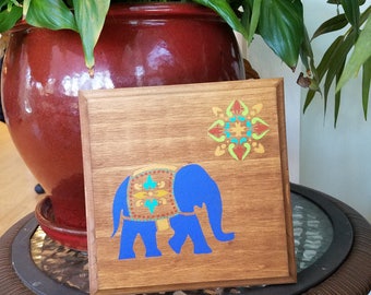 Wood elephant painting, bohemian art decor, bohemian painting, boho