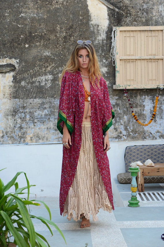 RUBY SPARROW KIMONO - Full length - Beach Cover Up - Cardigan - Summer - Pink - Kaftan - Peasant dress - Vintage - Gunne Sax Inspired - Folk