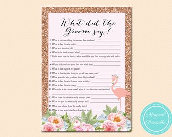 Flamingo Confetti What did the Groom Say, What did he say about her, Newlywed Game, Rose Gold Flamingo Bridal Shower, Wedding Shower BS130