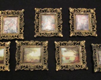 Set of 7 Vintage Ornate Hard Plastic Gilt Miniature Picture Frames With Satin Prints 4" x 3 5/8" Hong Kong 1970's Wedding Table Numbers