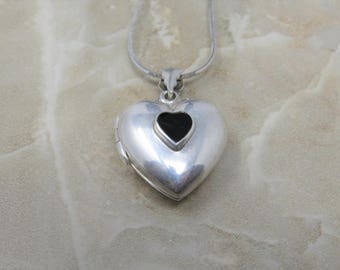 Silver Heart Locket with Black Onyx Heart, Sterling Silver Chain, Sterling Silver Heart Locket, Sterling Silver, Vintage Necklace