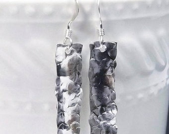 On Sale Hammered Sterling Silver Drop Earrings, Hammered Drop Earrings, Rectangle Earrings, Long Silver Earrings,