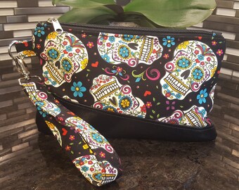 Sugar Skull Wristlet / Cosmetic Bag / Purse Organizer