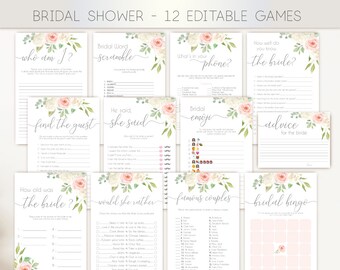 Bridal Shower Games Romantic Blush Pink White Flowers Editable Bridal Shower Games Package Set Bundle White Pink Floral Game Set,