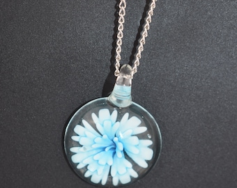 Necklace - blue flower glass necklace with 24 inch chain