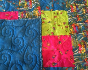 Tropical Whimsy Vivid Blue Pink and Lime Green Quilt