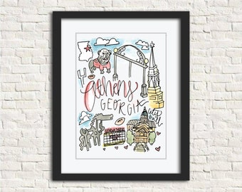 Athens, GA Watercolor City Illustration Wall Art Print // 8x10
