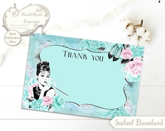 Digital Breakfast at Tiffany's Thank You Note Cards Audrey Hepburn - Printable,Download,DIY,Tea Party,Weddings,Baby Shower,Birthday