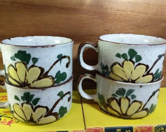 Vintage Set of 4 Speckled Stoneware Yellow Floral Soup Mugs