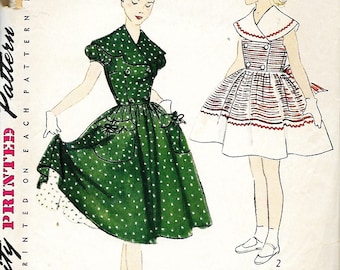 1951 Simplicity 3784 Girls Scalloped Collar Or Round Collar Dress And Petticoat Pattern, Size 7