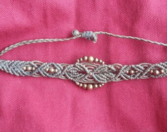 Khaki macrame bracelet with brass beads