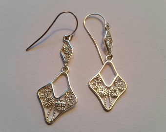 Ornate Silver 925 Wire Pierced Dangle Earrings