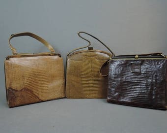 3 Vintage As Is Leather Lizard Purses, Lucille De Paris, Vassar Palizzio, 1950s