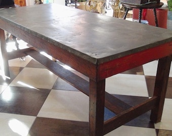 Fabulous OOAK Vintage Solid Oak and Red Painted Work Table W/ Sheet Metal Top-Great for Retail Store Displays, Sewing or Crafting Table