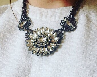 Silver Statement Necklace, Silver Flower Chunky Necklace, Silver Flower Bib Necklace, Flower Statement Necklace